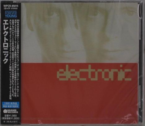 Text: „electronic“. Oben dezent zwei Gesichter. Links japanischer Text und „FOREVER YOUNG“ in Blau.