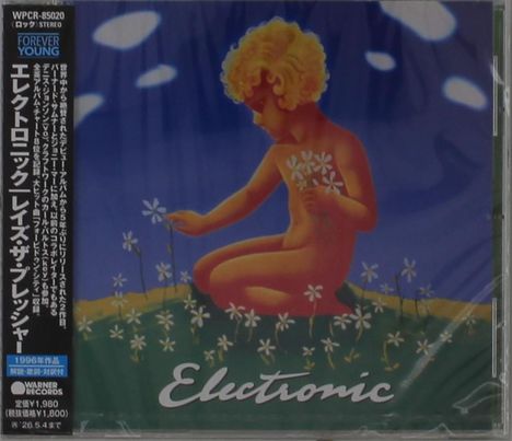 Linker Text auf Japanisch, darunter Preisangaben. Kind mit Blumen auf Wiese. Schriftzug "Electronic".