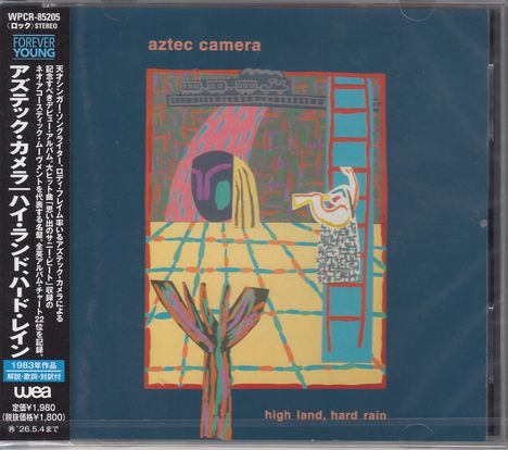"Aztec Camera" und "High Land, Hard Rain" sind die Texte. Illustration: Bunte Formen, Leiter, Baum, Züge oben.