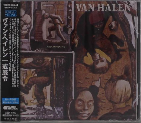 Texte: "VAN HALEN", "FAIR WARNING". Illustration mit surrealen, verzerrten Figuren in verschiedenen Szenen.