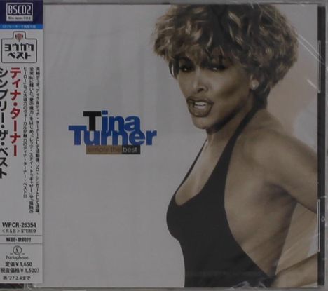 Links steht japanischer Text. Rechts "Tina Turner" und "simply the best". Dazu eine Frau mit vollem Haar und schwarzem Top.