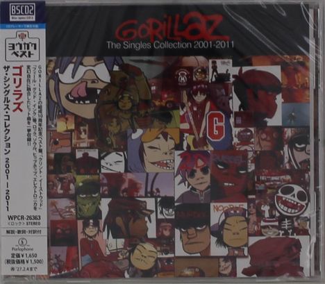 "Gorillaz The Singles Collection 2001-2011" steht oben. Verschiedene Illustrationen von Cartoon-Charakteren in einem Mosaik.