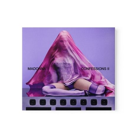 "Madonna Confessions II" steht auf einem violett schimmernden Cover mit einer Person, die ein pinkes Tuch trägt.
