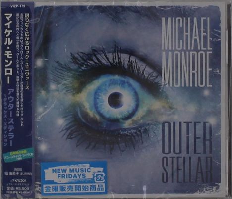 "MICHAEL MONROE OUTER STELLAR" in großen Buchstaben, daneben ein großes, blau leuchtendes Auge, links japanischer Text.