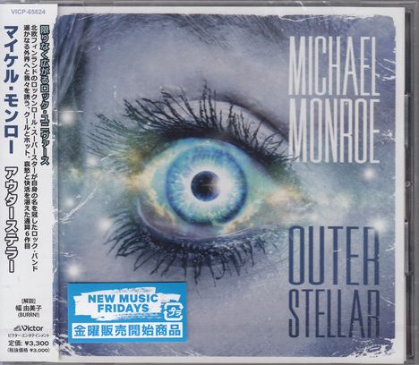 "Michael Monroe Outer Stellar" in stilisierter Schrift. Großes blaues Auge, Nahaufnahme. Rechte Seite dominiert.