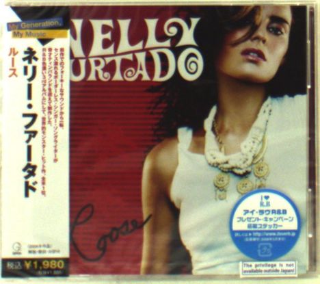Nelly Furtado, "Loose". Person in weißem Top mit Kette, japanische Schriftzeichen links. Vintage Design.