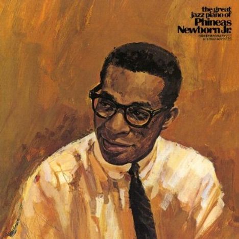 Text: "the great jazz piano of Phineas Newborn Jr." Illustration eines Mannes mit Brille und Krawatte, warmen Farben.