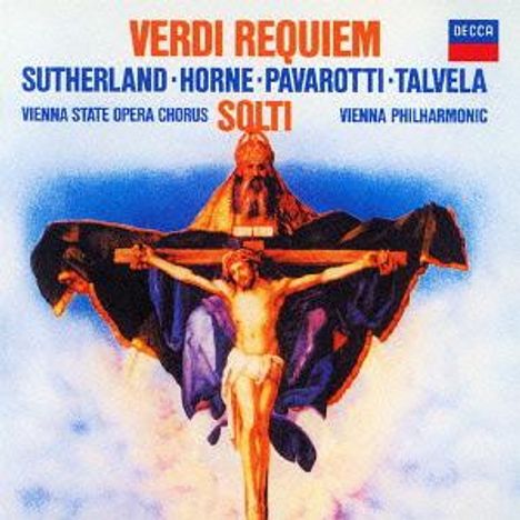 Oben steht "VERDI REQUIEM" und darunter Namen. Illustration zeigt eine religiöse Szene mit Christus am Kreuz.