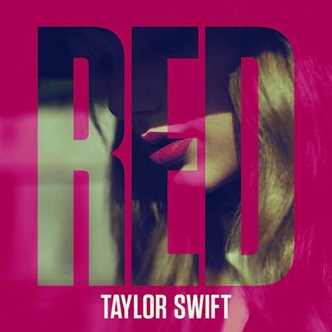 Text "RED" in großen Buchstaben, darunter "TAYLOR SWIFT". Dahinter ein teilweise verdecktes Gesicht.