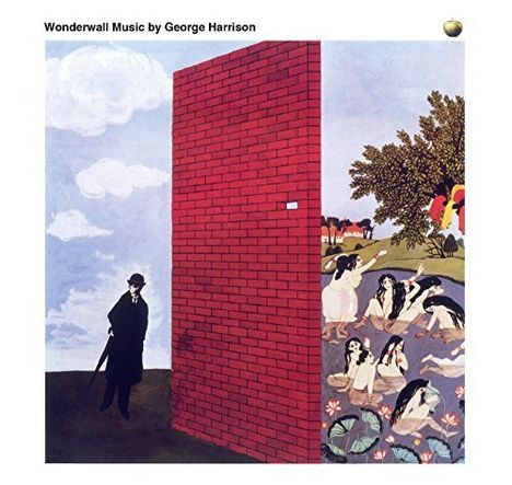 „Wonderwall Music by George Harrison“. Eine rote Ziegelmauer trennt zwei Szenen: Links ein Mann, rechts badende Frauen.