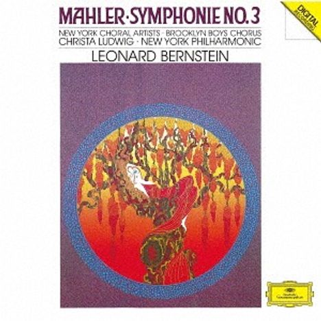 MAHLER: SYMPHONIE NO. 3, Leonard Bernstein. Illustration einer Frau in einem Wald, bunte, surrealistische Darstellung.