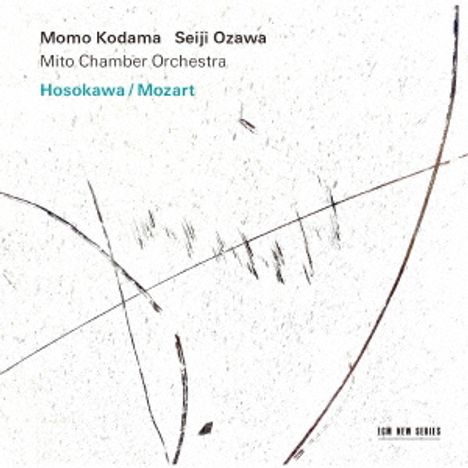 Momo Kodama, Seiji Ozawa, Mito Chamber Orchestra. Hosokawa/Mozart. Abstrakte Linien auf hellem Hintergrund.