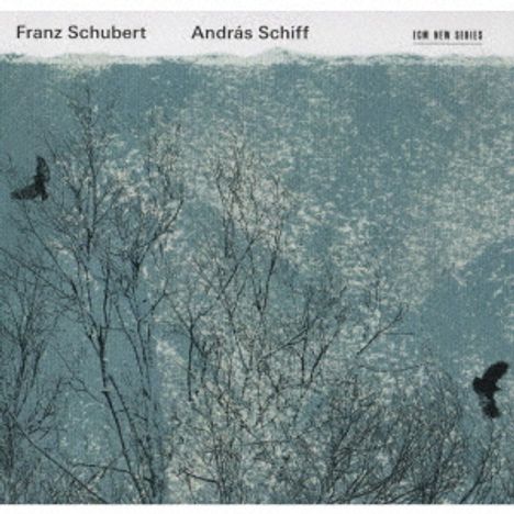 „Franz Schubert", „András Schiff", oben. Illustration: Winterlandschaft mit kahlen Bäumen und zwei fliegenden Vögeln.
