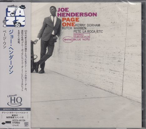 Texte: "Joe Henderson", "Page One", "Kenny Dorham", "Butch Warren", "Pete La Roca", "Blue Note". Schwarzweißfoto eines Mannes.