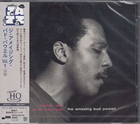 "The Amazing Bud Powell Vol. 1" in Weiß. Schwarz-weißes Profil eines Mannes, der scheinbar nachdenklich ist. Japonische Schrift rechts.