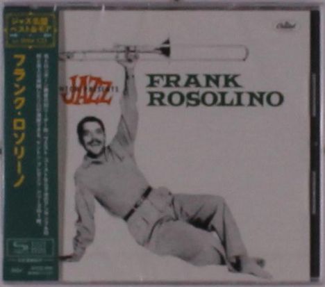 "JAZZ" und "FRANK ROSOLINO" in großen Buchstaben. Illustration eines Mannes mit einer Posaune, der lächelnd liegt.