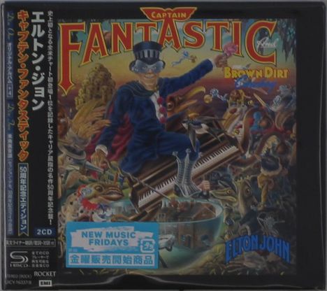 "Captain Fantastic" und "Elton John". Fantasievolle Illustration eines Mannes, der auf einem fliegenden Klavier sitzt.