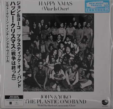 Text: "Happy Xmas (War Is Over)" und "John & Yoko / The Plastic Ono Band".  
Foto von Menschen verschiedener Ethnien, darunter Kinder.