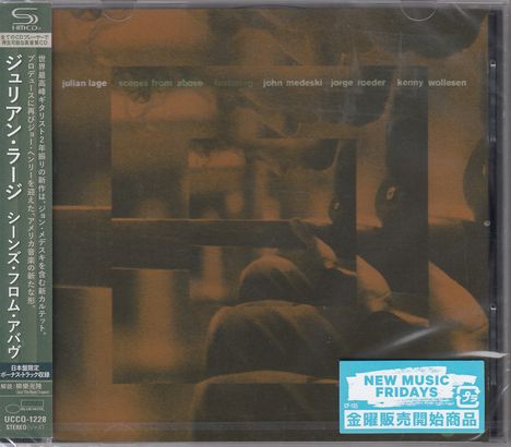 Cover mit Texten: "julian lage scenes from above featuring john medeski jorge roeder kenny wollesen." Braune, verschwommene Abbildung.