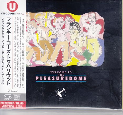 "Welcome to the Pleasuredome", Illustration von Figuren in lebendigen Farben, japanischer Text links, rundes Logo unten.