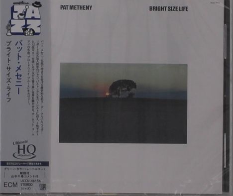 Die Texte "PAT METHENY", "BRIGHT SIZE LIFE". Foto: Ein Baum in der Ferne vor einem Sonnenuntergang. Japanische Schrift links.