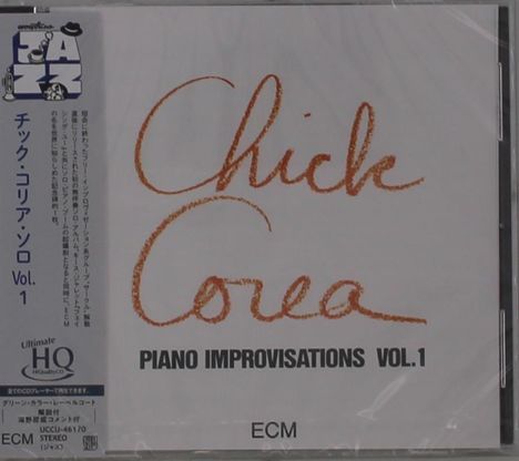 "Chick Corea, Piano Improvisations Vol. 1; ECM." Handgeschriebener roter Name, darunter schwarz gedruckter Titel, Logo links.