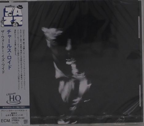 Vertikaler japanischer Text links; schwarze, kontrastreiche Silhouette einer Person in der Mitte mit Instrument.