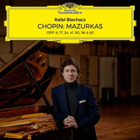 "Rafal Blechacz, Chopin: Mazurkas, OPP. 6, 17, 24, 41, 50, 56 & 63". Gelbes Label, stilvolles Porträt eines Mannes.