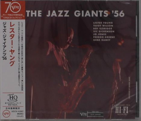 "The Jazz Giants '56" steht oben in Weiß. Namen: Lester Young, Teddy Wilson, Roy Eldridge etc. Ein Musiker spielt Saxophon.