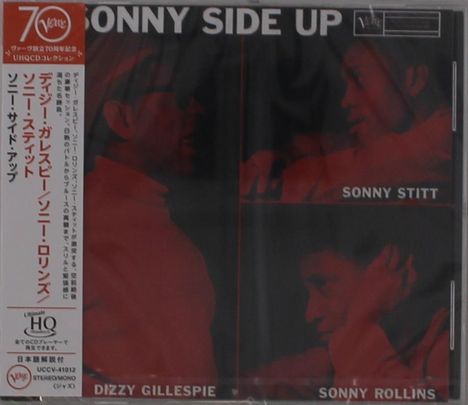 "SONNY SIDE UP" oben in Weiß, darunter rote Töne mit drei Musikern. Namen: Dizzy Gillespie, Sonny Stitt, Sonny Rollins. Japanische Schrift links.
