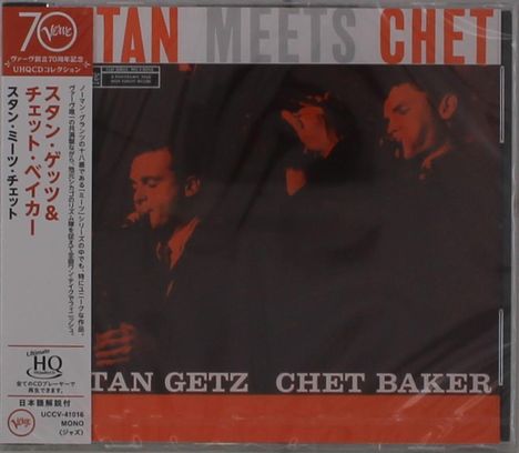 „STAN MEETS CHET“ und darunter „STAN GETZ CHET BAKER“. Links sind zwei Männer mit Instrumenten in einem dunklen Bild.