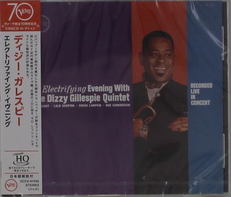 „Electrifying Evening With the Dizzy Gillespie Quintet“, lila Hintergrund, rot eingekleideter Musiker mit Trompete.