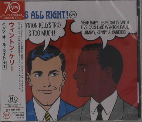 Wynton Kelly's Trio is too much! / Yeah baby! Especially with five cats like Wynton, Paul, Jimmy, Kenny & Candido! 
Illustration: Zwei Männer im Anzug mit Sprechblasen.