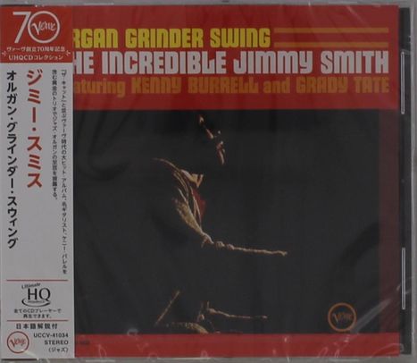 "Oregon Grinder Swing" und "The Incredible Jimmy Smith" in gelb-weißer Schrift auf rotem Hintergrund; Jazz-Album-Cover.