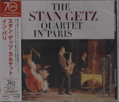 Texte: "The Stan Getz Quartet in Paris." Vier Musiker auf einer Bühne: Bassist, Schlagzeuger, Saxophonist, Vibraphonist.