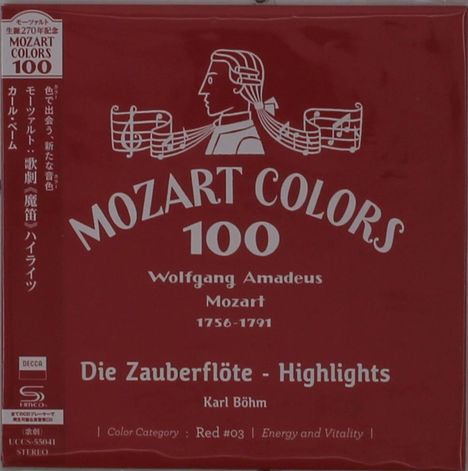 "MOZART COLORS 100", "Wolfgang Amadeus Mozart 1756-1791", "Die Zauberflöte - Highlights", "Karl Böhm". Rote Verpackung.
