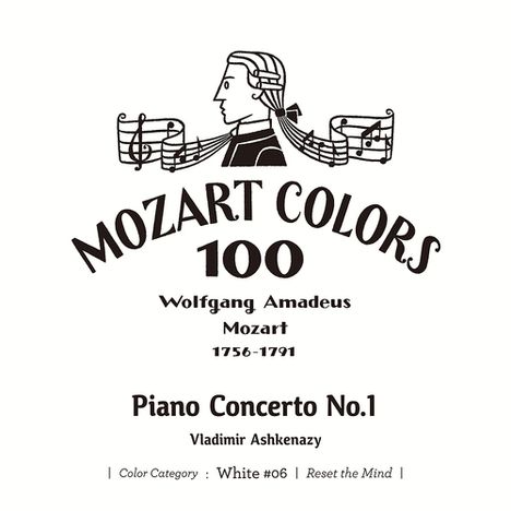 Text: "MOZART COLORS 100", "Wolfgang Amadeus Mozart 1756-1791", "Piano Concerto No.1", "Vladimir Ashkenazy". Illustration: Ein stilisiertes Porträt von Mozart mit Noten.