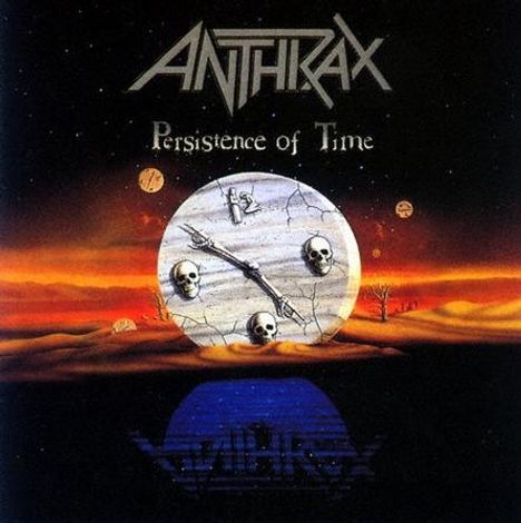 "ANTHRAX" und "Persistence of Time" sind über einer surrealen Uhr mit Totenköpfen und einer Landschaft bei Sonnenuntergang.