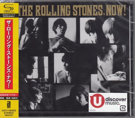 "The Rolling Stones, Now!" oben, rote Seitenleiste mit japanischen Schriftzeichen links. Collage schwarz-weißer Porträts.