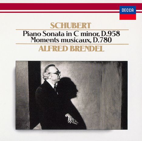 "Schubert: Piano Sonata in C minor, D.958, Moments musicaux, D.780, Alfred Brendel" steht oben. Unten eine Schwarzweißaufnahme.