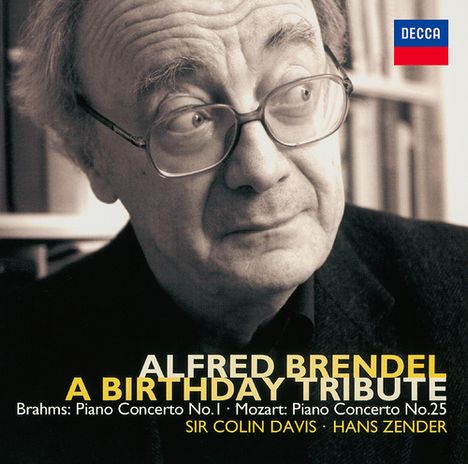 "Alfred Brendel: A Birthday Tribute" in gelber Schrift; darunter Brahms und Mozart Werke; Porträt eines Mannes mit Brille.