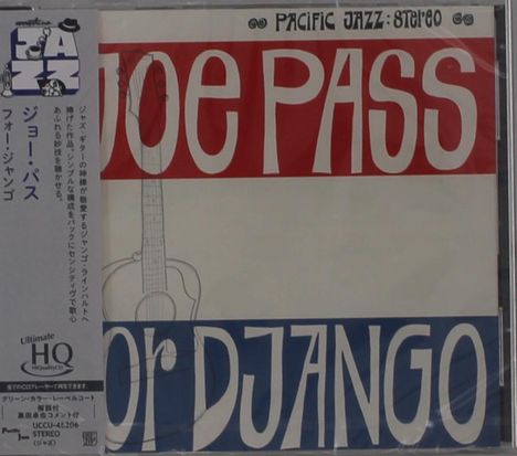 „Joe Pass For Django“ in großen Buchstaben, mit gezeichneter Gitarre. Links japanischer Text und „Ultimate HQ“.