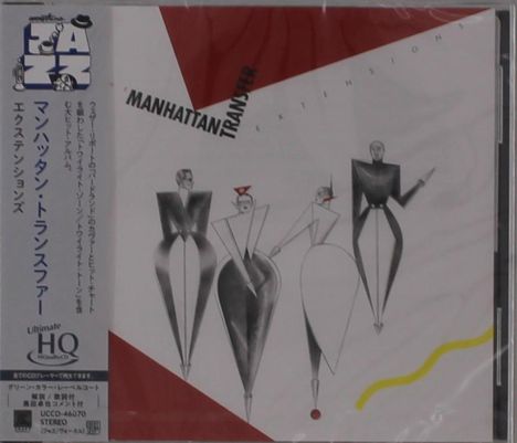 „Manhattan Transfer Extensions“, Japanische Schriftzeichen links. Abstrakte Zeichnung von vier stilisierten Figuren.