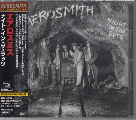 Texte: "Aerosmith", "Night in the Ruts". Schwarz-weißes Cover mit fünf Männern in Bergwerkskleidung in einem Stollen.