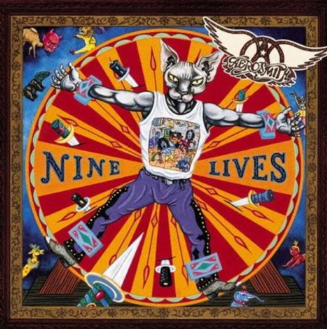 Text: "Nine Lives" und ein geflügeltes Logo. Illustration: Eine anthropomorphe Katze mit ausgestreckten Armen vor einer leuchtenden Scheibe.