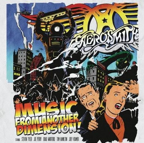 Im oberen Bereich steht "Aerosmith". Unten: "Music From Another Dimension!". Comic-Stil mit Robotern und Menschen in Panik.