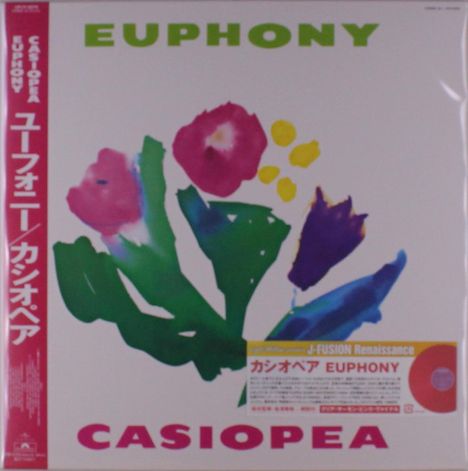 Oben steht "Euphony". Unten "Casiopea". Bunte Blumenillustration mit grünen, rosa und violetten Blüten.