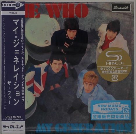 Oben steht "The Who" in roten Buchstaben. Unten in Blau "My Generation". Vier Männer schauen nach oben.