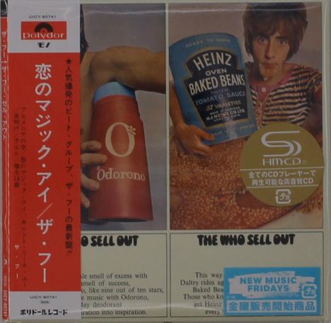 Japanischer Text links; mittig "Heinz Oven Baked Beans"; rechts "THE WHO SELL OUT". Person mit Bohnen.