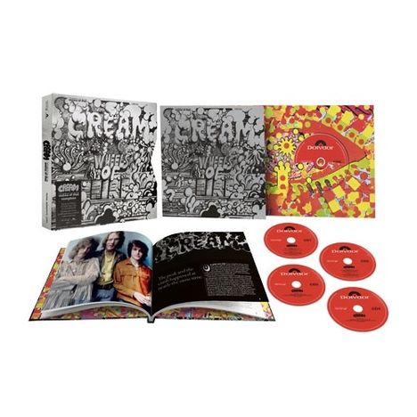 Texte: "CREAM", "WHEELS OF FIRE", "Polydor".  
Ein Set mit Buch, CD-Hüllen und vier roten CDs.